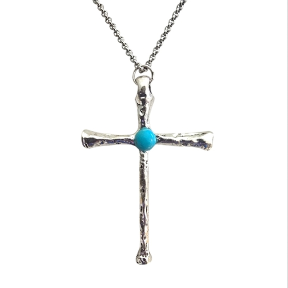 Silver Stainless Steel Turquoise Stone Cross Necklace Hammered 18" Chain Blue - Picture 2 of 4